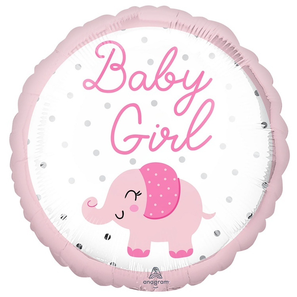 Фольгированная фигура, круг, BABY GIRL Слоник розовый S40,18"/46СМ