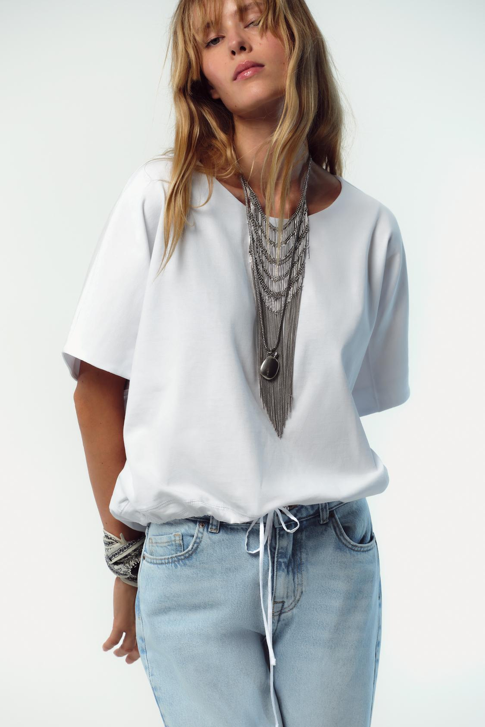 ZARA ХЛОПКОВАЯ ФУТБОЛКА С ЗАВЯЗКАМИ, БЕЛЫЙ