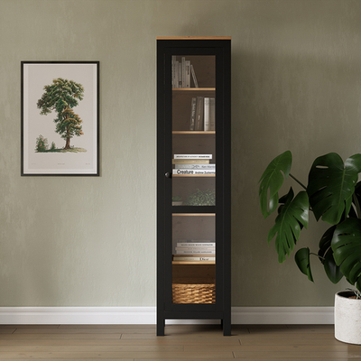 Шкаф-витрина Хемнэс/Кымор, ст/ст 49х198х37см, черный/светло-коричневый