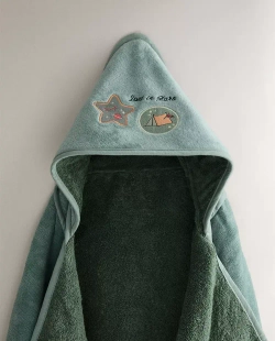 ZARA HOME ДЕТСКОЕ ПОЛОТЕНЦЕ С КАПЮШОНОМ И УЗОРОМ "КОСМОС", ЗЕЛЕНЫЙ