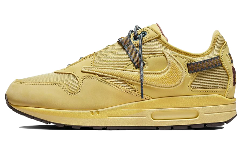 Travis Scott x Nike Air Max 1 "saturn gold" retro barb mesh anti-slip, wear-resistant, breathable, wrapping, lightweight, low-cut casual running shoes for men and women with the same saturn gold