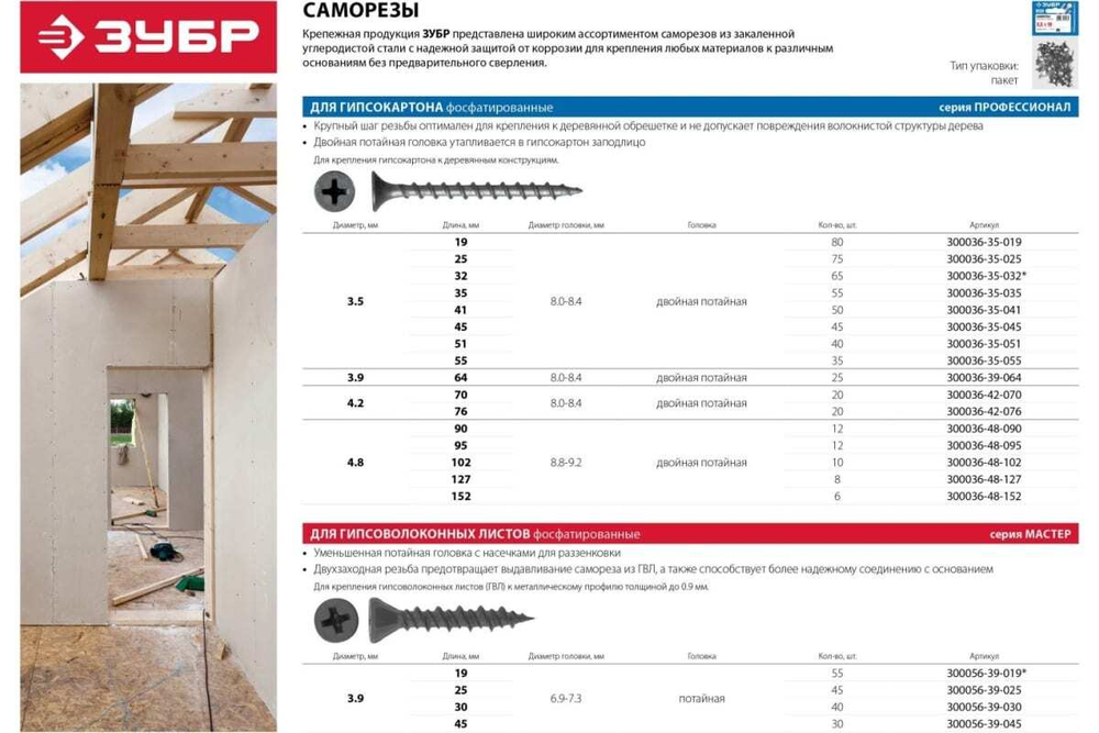 Саморезы СГД гипсокартон-дерево ЗУБР 55х3.5 мм, 35 шт., фосфатированные 300036-35-055