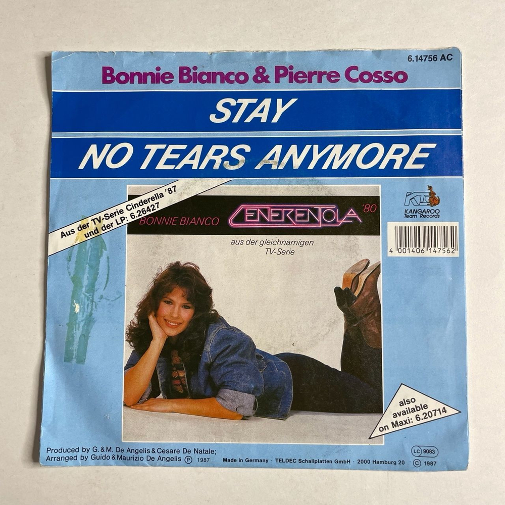 Винтажная виниловая пластинка LP Bonnie Bianco and Pierre Cosso Stay, No Tears Anymore (Germany 1987) 7 дюймов, 45 RPM, Single