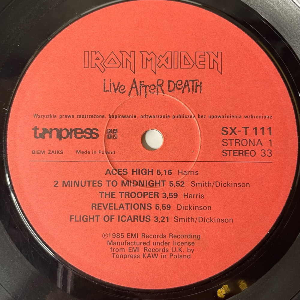 Винтажная виниловая пластинка LP Iron Maiden Live After Death Пластинка 1 (Польша 1985)