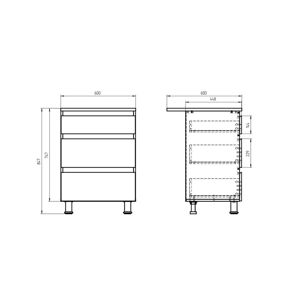 Кухонный модуль напольный 60х60х85, Валенсия, с 3-мя ящиками со столешницей, с дубовыми панелями, на ножках / белый, массив дуба, Dipriz