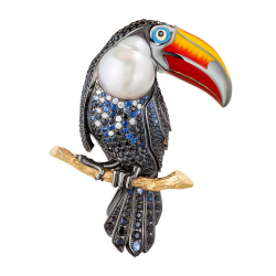 Брошь Тукан с Белым Жемчугом, Цветными Сапфирами и Бриллиантами, Brs0300-0/3