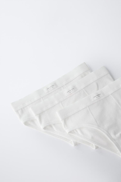 ZARA НАБОР ИЗ ТРЕХ ТРУСОВ В РУБЧИК С НАШИВКОЙ, ЭКРЮ