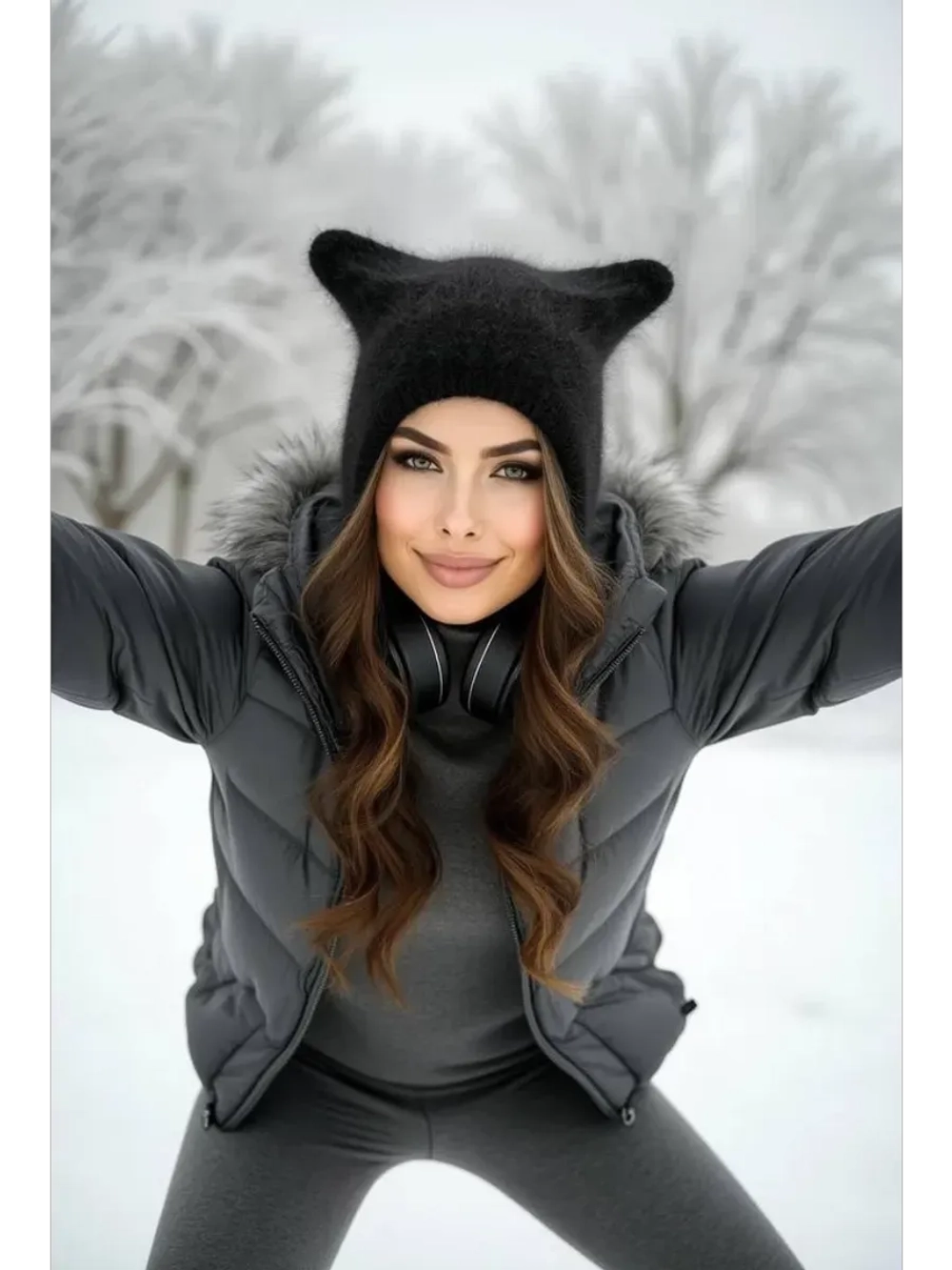 Шапка с ушками зимняя ангора вязаная