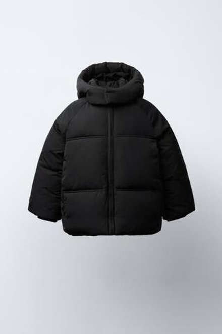 ZARA СТЕГАНАЯ КУРТКА С КАПЮШОНОМ WATER REPELLENT, ЧЕРНЫЙ