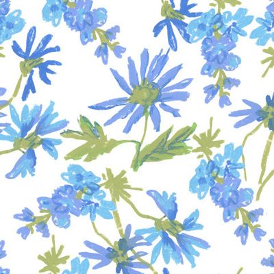 Бесшовный паттерн с синими цветами восковыми мелками