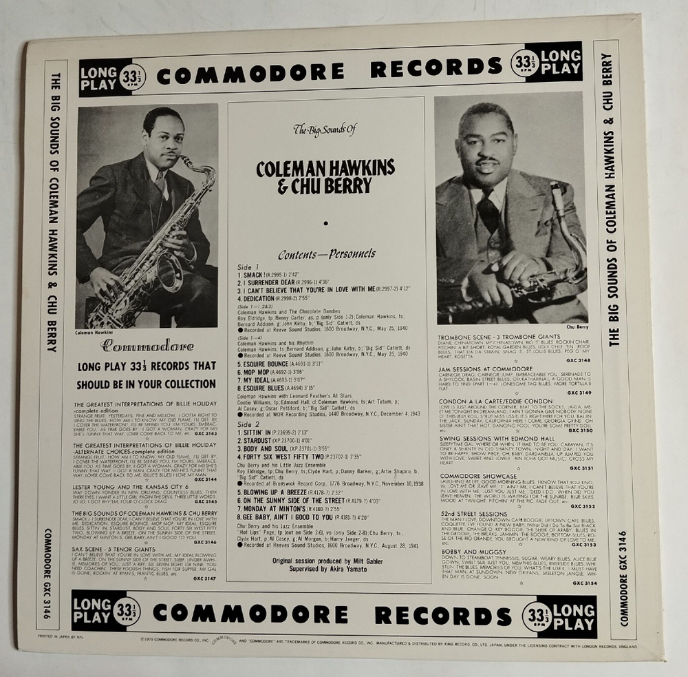 Винтажная виниловая пластинка LP The Big Sounds Of Coleman Hawkins and Chu Berry (Japan 1979) (No Obi)