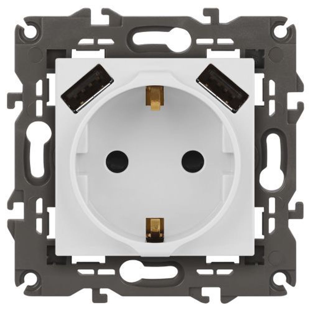 Розетка 16А 250В 2P+E с 2хUSB 5В-3А защ. шторки Elegance бел. 14-4109-01 ЭРА Б0047867