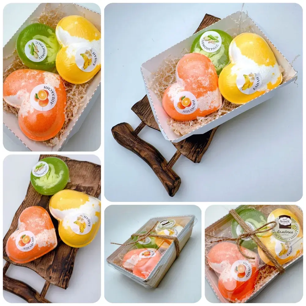 Набор бомбочек "Сердце апельсин XL, сердце банан XL + мыло лемонграсс"