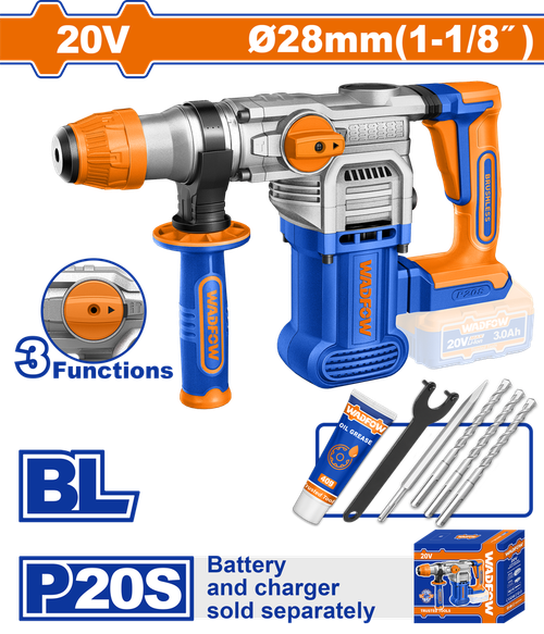 Перфоратор аккумуляторный 20В 4.5 Дж, б/щ (4) WADFOW WLM1528