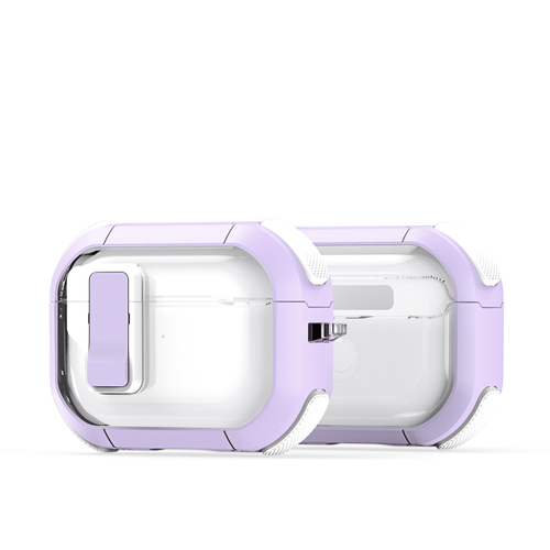 Чехол от Dux Ducis с замком для AirPods Pro 2, прозрачный с фиолетовыми вставками (PurpleWhite), серия PECN Series Case, в комплекте с карабином