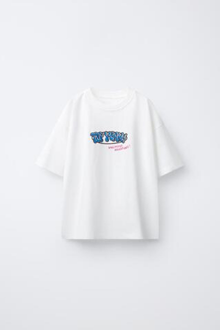 ZARА ФУТБОЛКА С ПРИНТОМ ВУЛКАН, БЕЛЫЙ