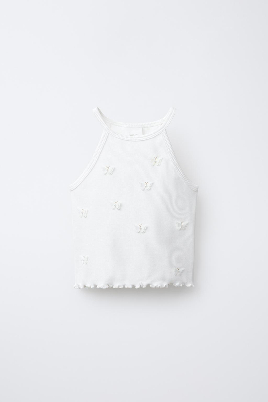 ZARA ФУТБОЛКА В РУБЧИК С БАБОЧКАМИ И ЦВЕТАМИ, БЕЛЫЙ
