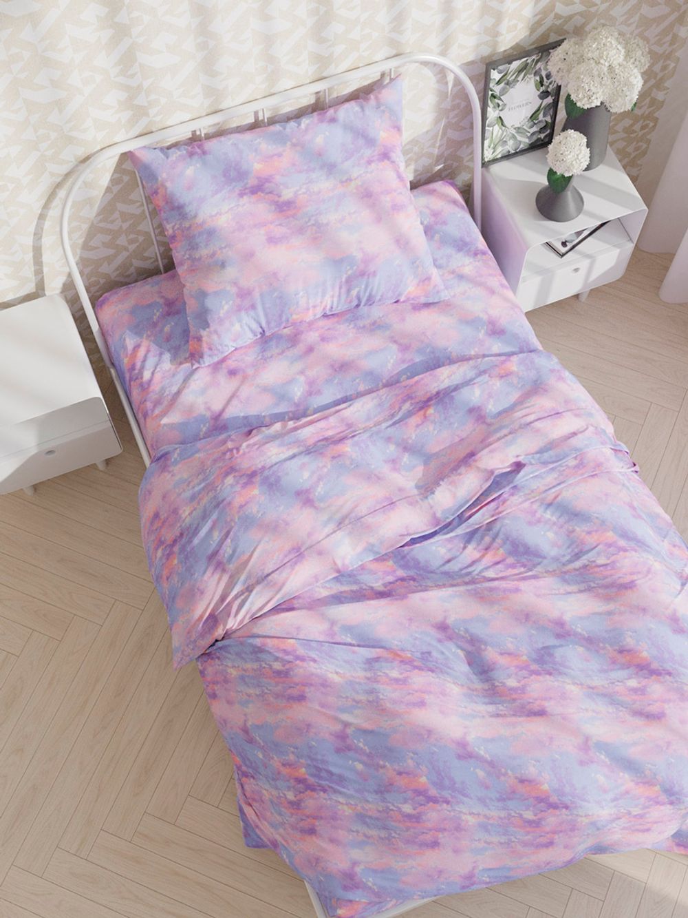 Постельное белье Сказка "Небеса" 1,5-сп Наволочка 50х70 см 1 шт Простынь на резинке 90х200 см Пододеяльник 145х215 см, перкаль