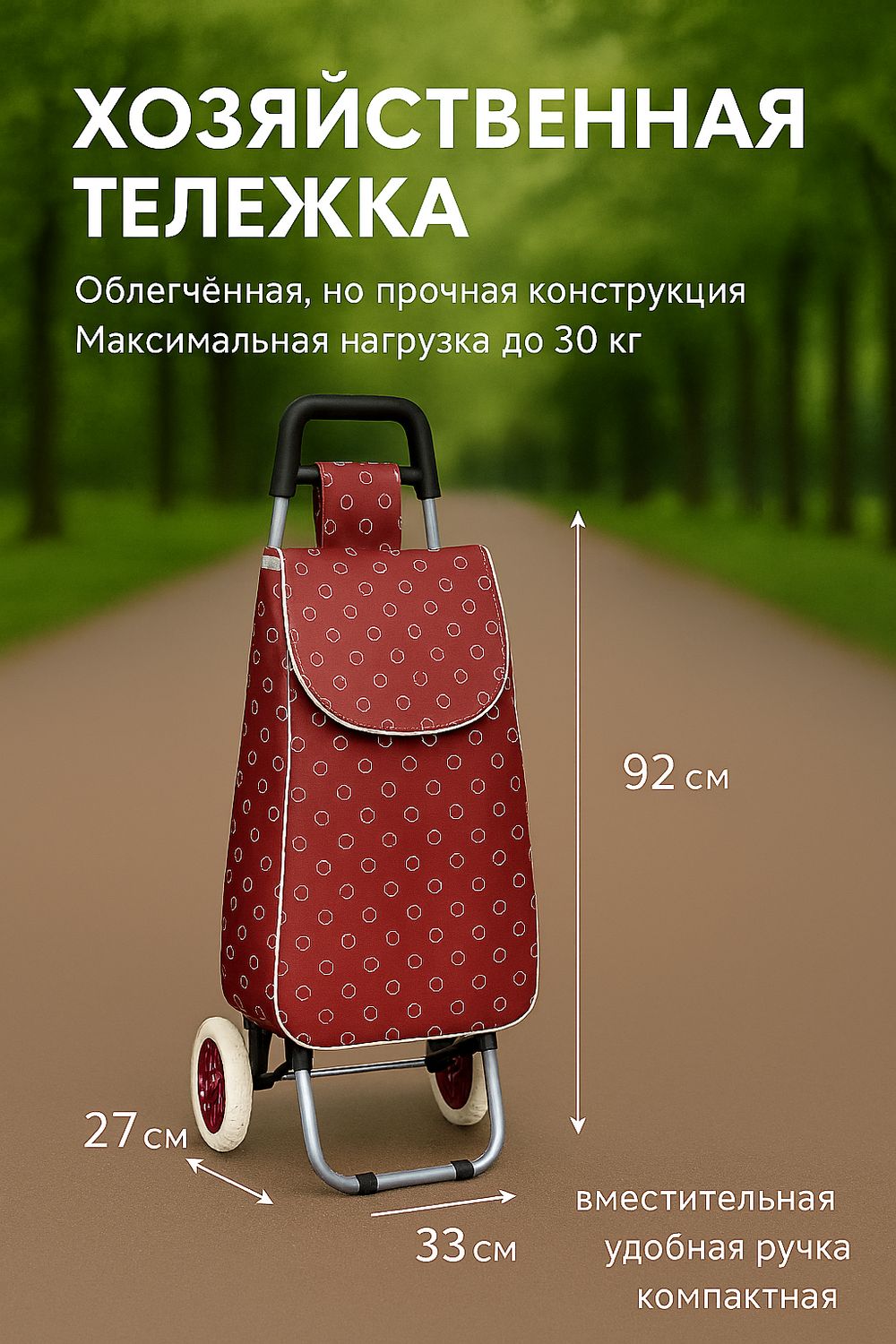 Тележка хозяйственная с сумкой (92*33*27см, колеса 16см,грузоподъемность до 30 кг.) бордо DC308AG3