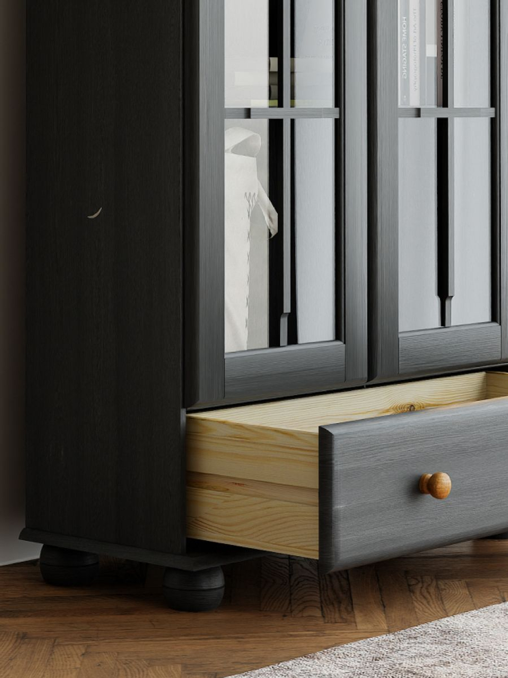 Шкаф витрина 113х32х186, Бритта, стеклянная, трёхдверный, для посуды и книг из массива сосны, cерый, Dipriz