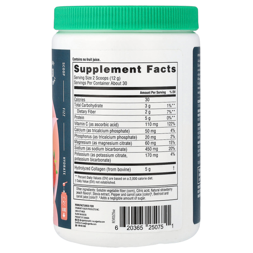 Organika, Electrolytes + Enhanced Collagen ™, сочная клубника и персик, 360 г (12,7 унции)