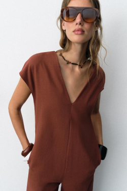 ZARA ДЛИННЫЙ КОМБИНЕЗОН ИЗ ПЛОТНОГО ХЛОПКА, ЧЕРЕПИЧНЫЙ