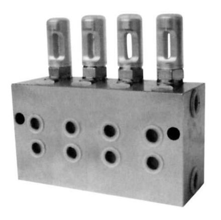 VSKH8-KR - Питатель для двухлинейных систем смазки с рабочим давлением 400 бар, количество выходов 8, максимальная доза 1,5 мл/цикл, с регулятором и индикатором