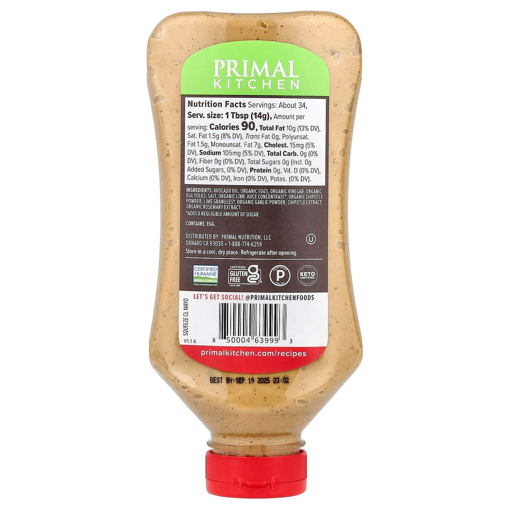 Primal Kitchen, Настоящий майонез с маслом авокадо и лаймом чипотле, 503 мл (17 жидк. унц.)