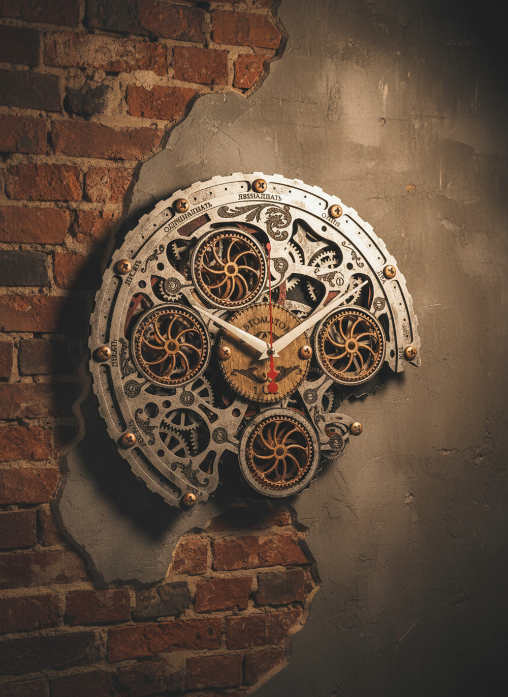Настенные часы WOODandROOT Automaton Bite 1682 на стене из кирпича и бетона в стиле лофт, отражающие мягкий свет лампы и создающие глубину пространства