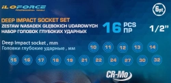 Набор головок ударных глубоких 16пр. 1/2'' (6-гр.)(10-19,21,22,24,27,30,32мм)в кейсе ILOforce IF-4167-5MPB