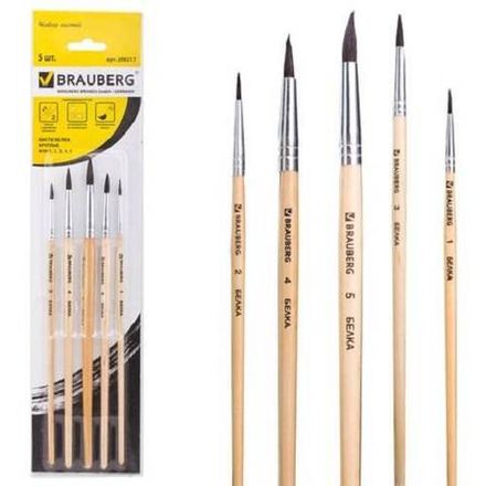 Набор кистей белка 5шт (1, 2, 3, 4, 5), Brauberg