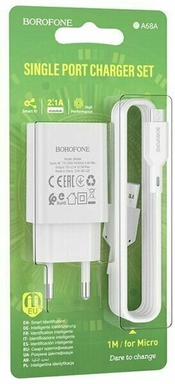 Сетевое зарядное устройство  1USB Borofone BA68A, Glacier, с кабелем микро USB, 5V/2.1A белое