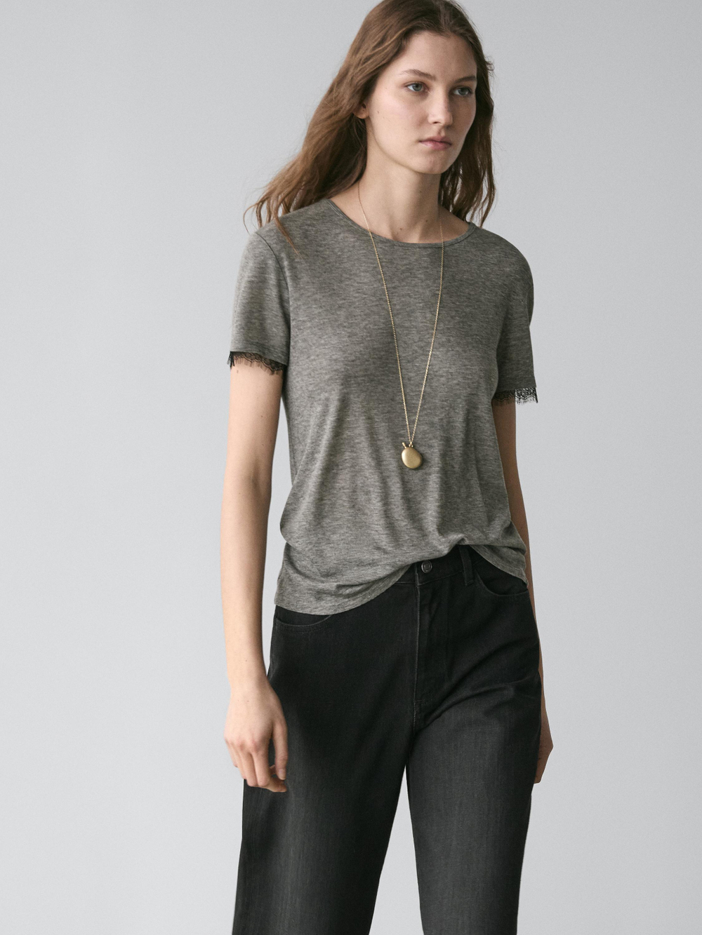 Massimo Dutti Футболка с V-образным вырезом и кружевной отделкой, серый меланж