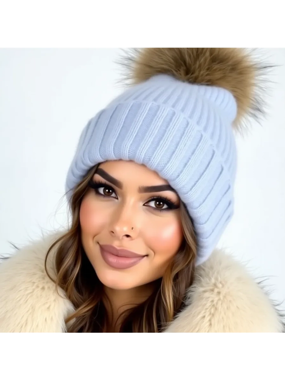 шапка ангора с меховым помпоном зимняя пушистая стильная