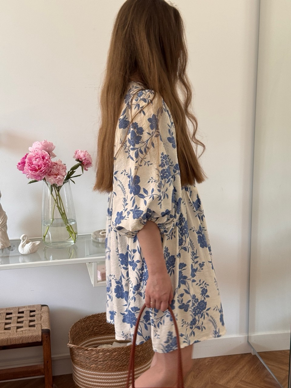 Платье Мари-мини для беременных и кормящих, Кремовый с синими цветами