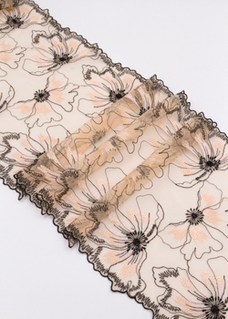 Вышивка на сетке бежевая с розовинкой с черным неэластичная ширина 24 см