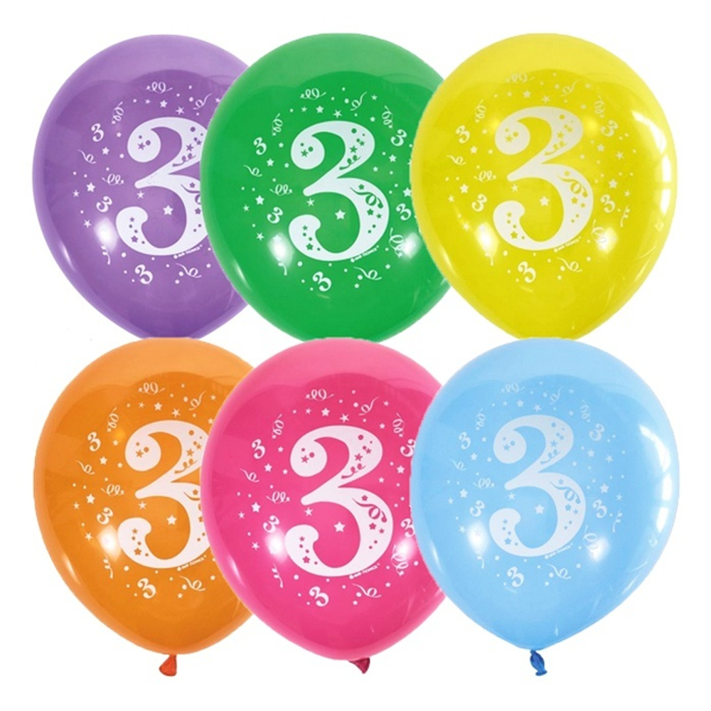 Воздушные шары Латекс Оксидентл с рисунком Цифра 3, 10 шт. размер 12" #6043513