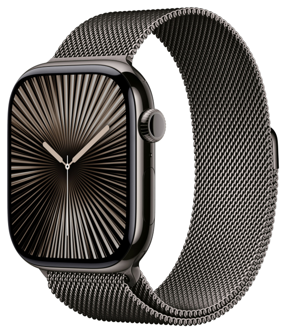 Apple Watch Series 10, 46 мм, корпус из титана цвета сланцевый титан, спортивный ремешок цвета «миланская петля» сланцевый