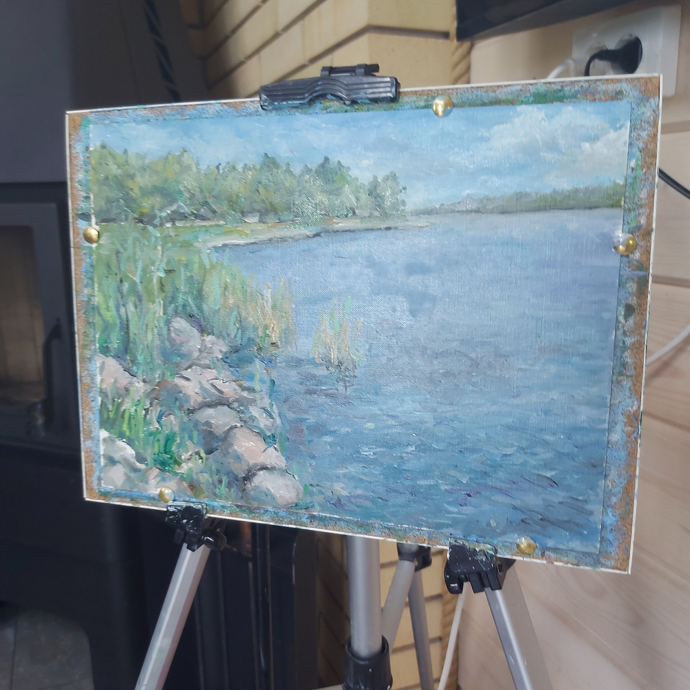 Картина авторская маслом на холсте в паспарту 30х40 см на стену для интерьера "На берегу Ладоги"