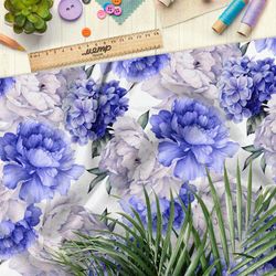 Ткань поплин белые и синие пионы на белом фоне