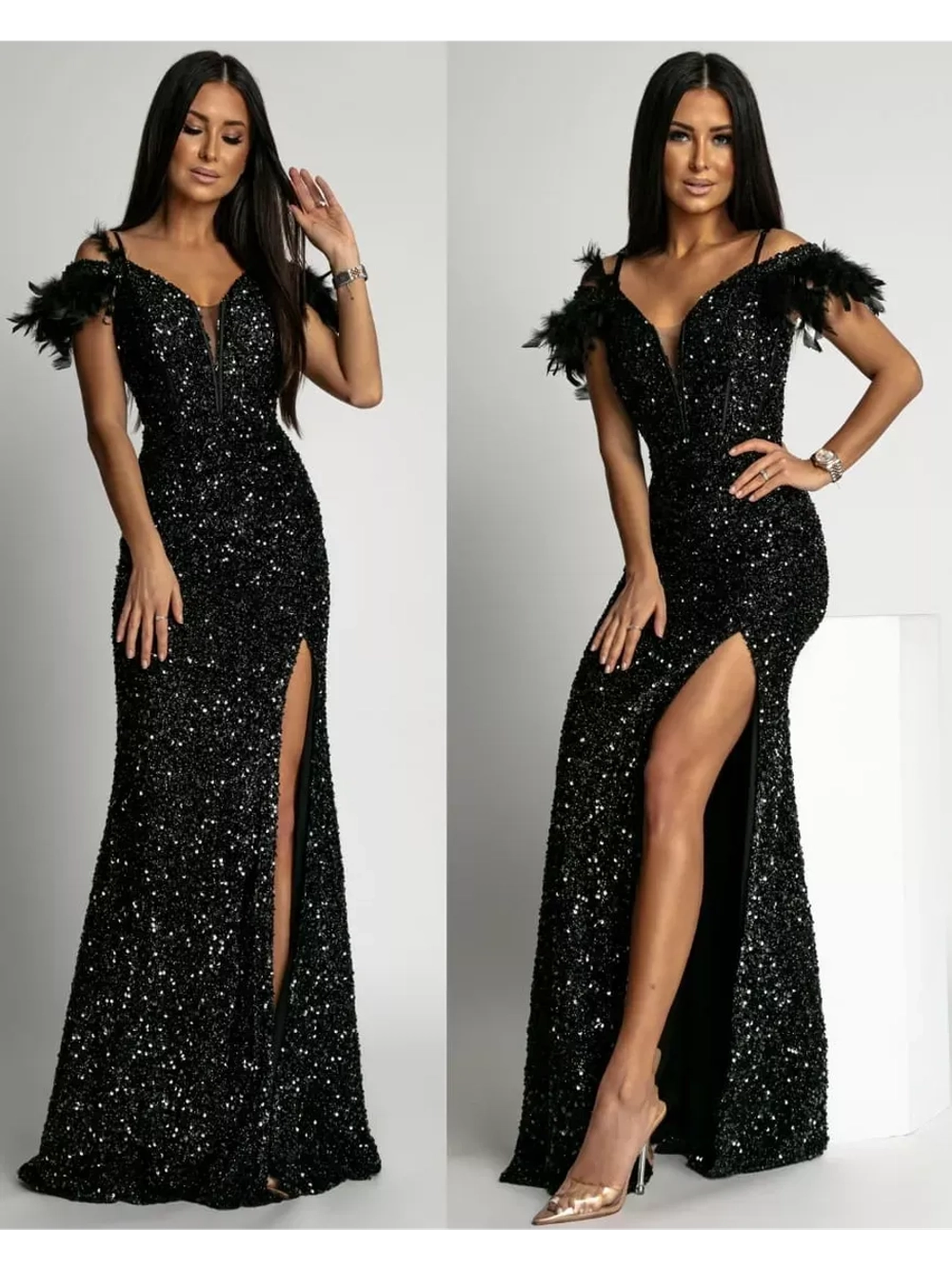вечернее платье с пайетками и перьями + plus size