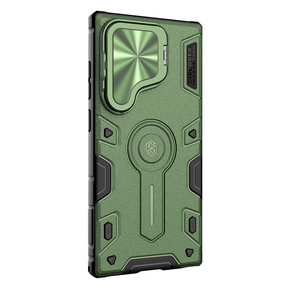 Противоударный чехол зеленого цвета (Dark Green) от Nillkin на Samsung Galaxy S24 Ultra с откидной металлической крышкой для камеры, серия CamShield Armor Prop Case