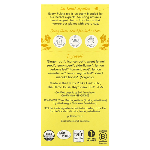 Pukka Herbs, органический травяной чай, лимон, имбирь и мед манука, без кофеина, 20 пакетиков, 40 г (1,41 унции)