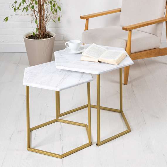 Стол журнальный МеталлАрт М003 белый мрамор/золото