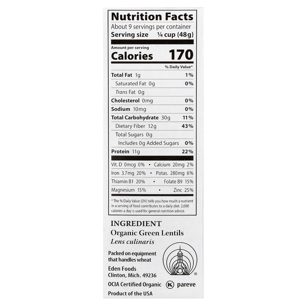 Eden Foods, органическая зеленая чечевица, 454 г (16 унций)