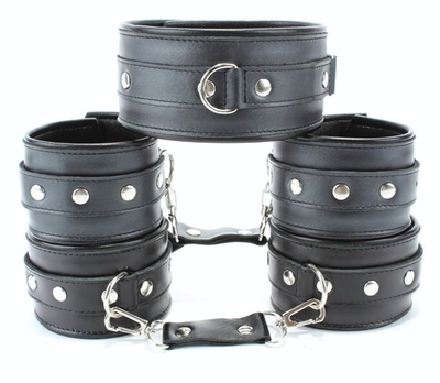 Набор БДСМ-аксессуаров из кожи: ошейник, наручники и оковы (Цвет: черный)