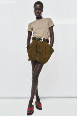 ZARA ФУТБОЛКА INTERLOCK С КОРОТКИМ РУКАВОМ, БЕЖЕВЫЙ