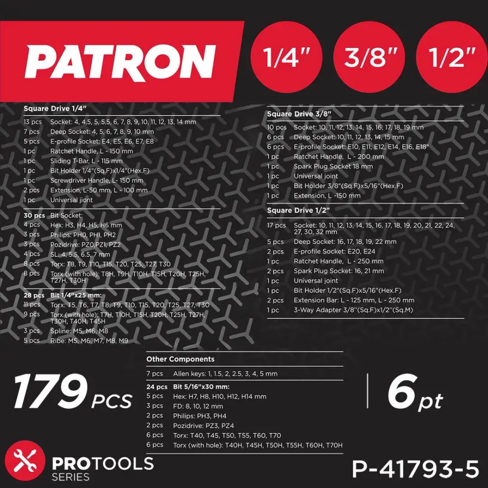 Набор инструментов 179пр. 1/4'', 3/8'', 1/2''(6гр.) PATRON P-41793-5