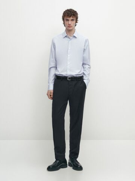 Massimo Dutti Рубашка облегающего кроя из 100% хлопка в полоску, голубой