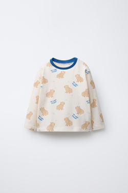 ZARA ПИЖАМА: ФУТБОЛКА И БРЮКИ С ПРИНТОМ «КАПИБАРЫ», РЫЖЕВАТО-КОРИЧНЕВЫЙ